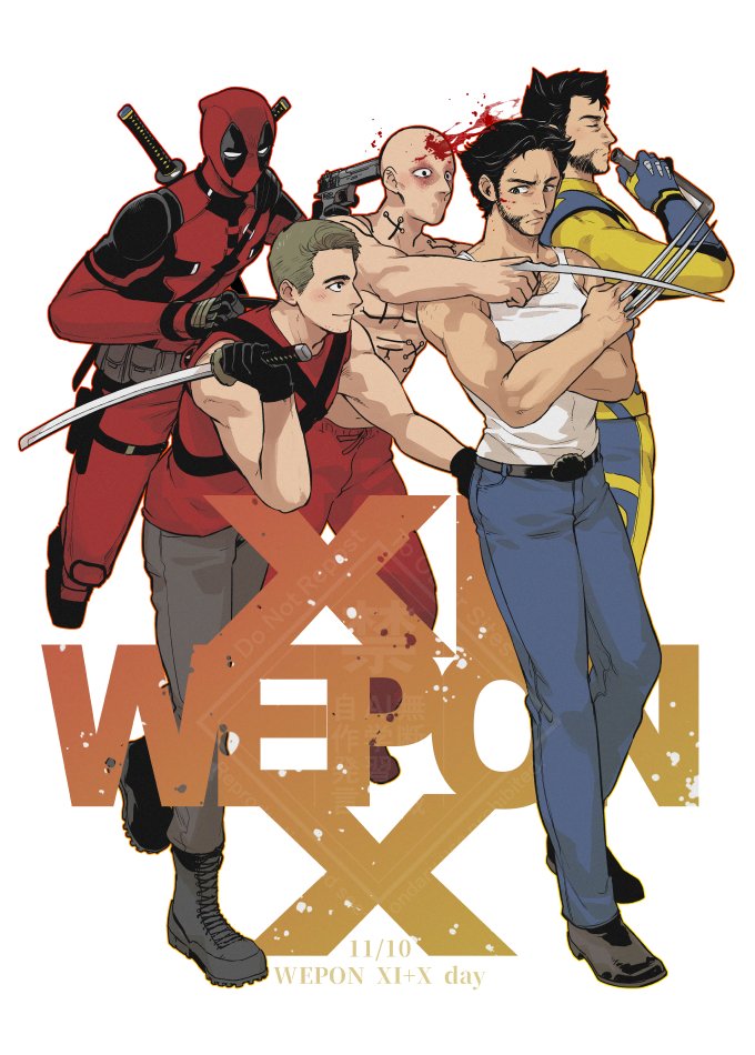 5boys, bald, beard, belt, black_footwear, black_gloves, black_hair, blush