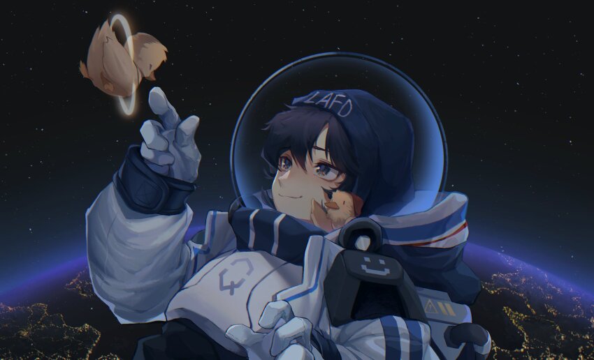 1boy, animification, astronaut, baby_animal, beanie, bird, black_hair, blue_hat, clothes_writing, commentary, duck, duckling, english_commentary, gloves, halo, hat, helmet, highres, lotus_ml, male_focus, minecraft_youtube, planet, quackity, real_life, short_hair, smile, smiley_face, solo, space, space_helmet, spacesuit, white_gloves