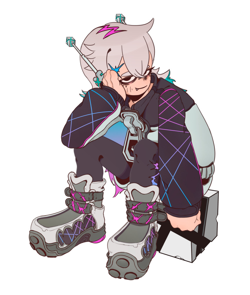 1girl, absurdres, ankle_boots, aqua_hair, asymmetrical_legwear, bags_under_eyes, black_collar, black_jacket