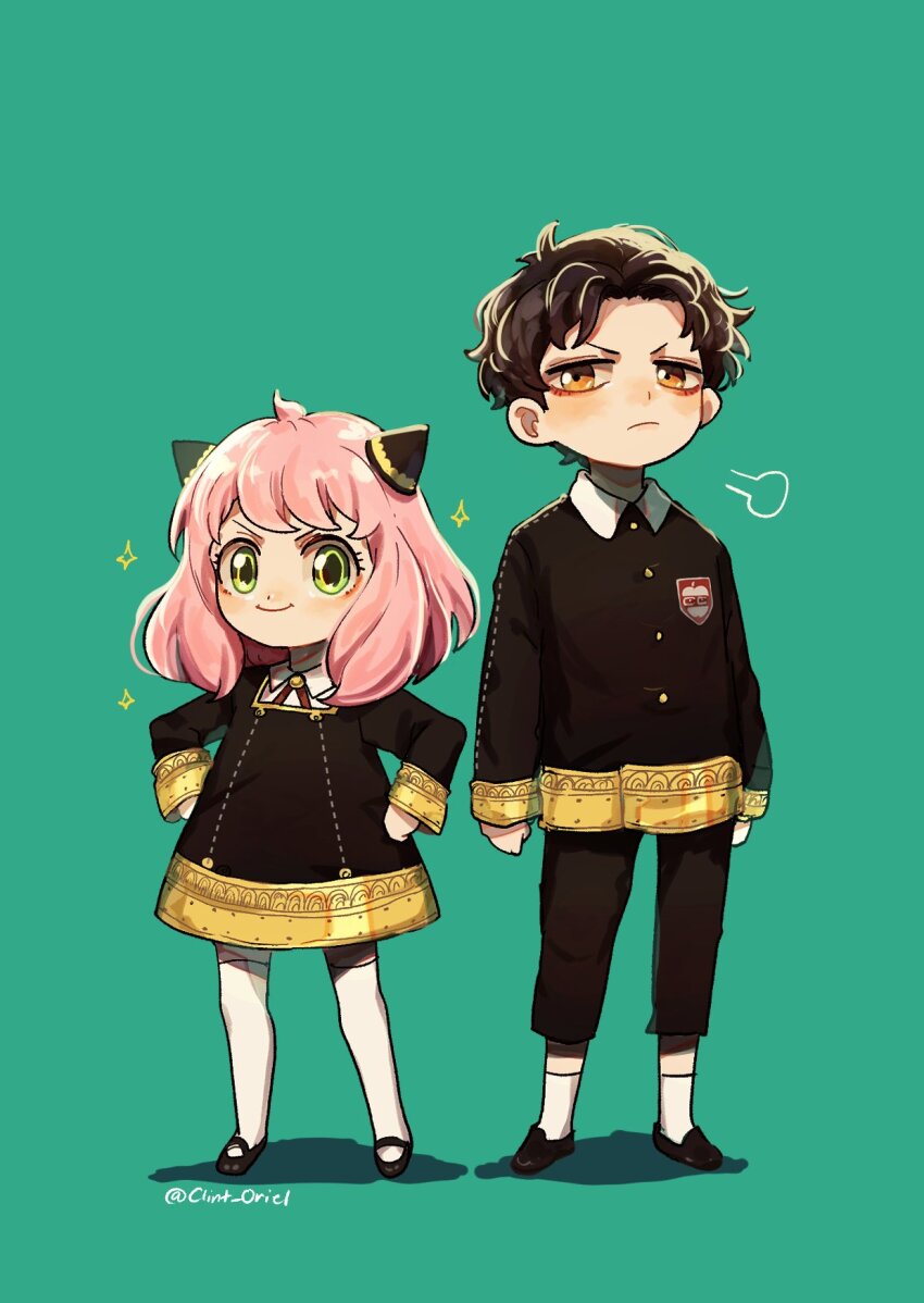 1boy, 1girl, anya_(spy_x_family), aqua_background, black_dress, black_hair, child, clint_oriel