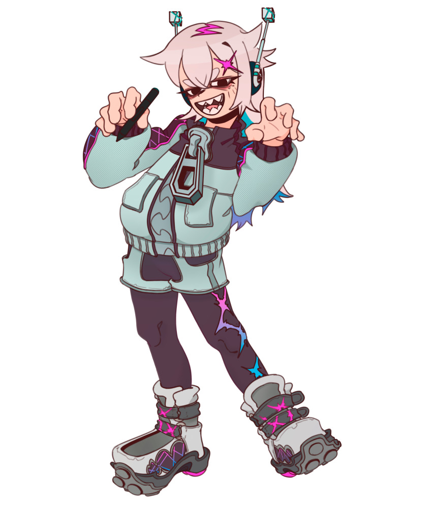 1girl, absurdres, ankle_boots, aqua_hair, asymmetrical_legwear, bags_under_eyes, black_collar, black_jacket, black_leggings, black_sleeves, boots, bug_(glitchx), claw_pose, collar, collared_jacket, colored_inner_hair, contrapposto, crossed_bangs, crotchless_shorts, double-parted_bangs, eyelashes, facing_viewer, ggggrg00, glitchx, gradient_hair, grin, hair_ornament, headphones, highres, holding, holding_stylus, jacket, jitome, leggings, long_hair, looking_at_viewer, multicolored_hair, multicolored_jacket, official_art, open_mouth, pink_hair, print_boots, print_leggings, screentones, second-party_source, sharp_teeth, short_eyebrows, short_shorts, shorts, simple_background, sleeve_cuffs, smile, solo, standing, standing_on_one_leg, stylus, teeth, thick_eyebrows, tongue, transparent_background, two-tone_jacket, two-tone_sleeves, white_boots, white_jacket, white_shorts, white_sleeves, zipper, zipper_pull_tab