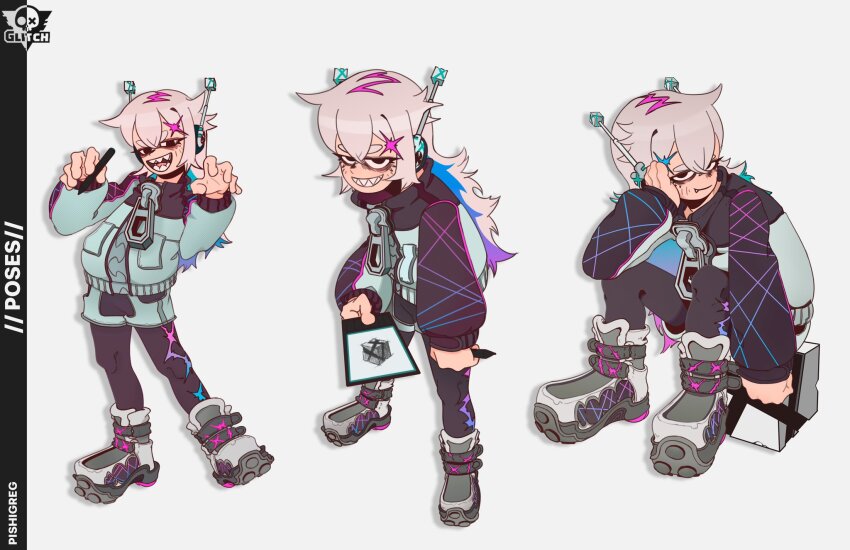 3girls, ankle_boots, aqua_hair, arm_support, asymmetrical_legwear, bags_under_eyes, black_collar, black_jacket