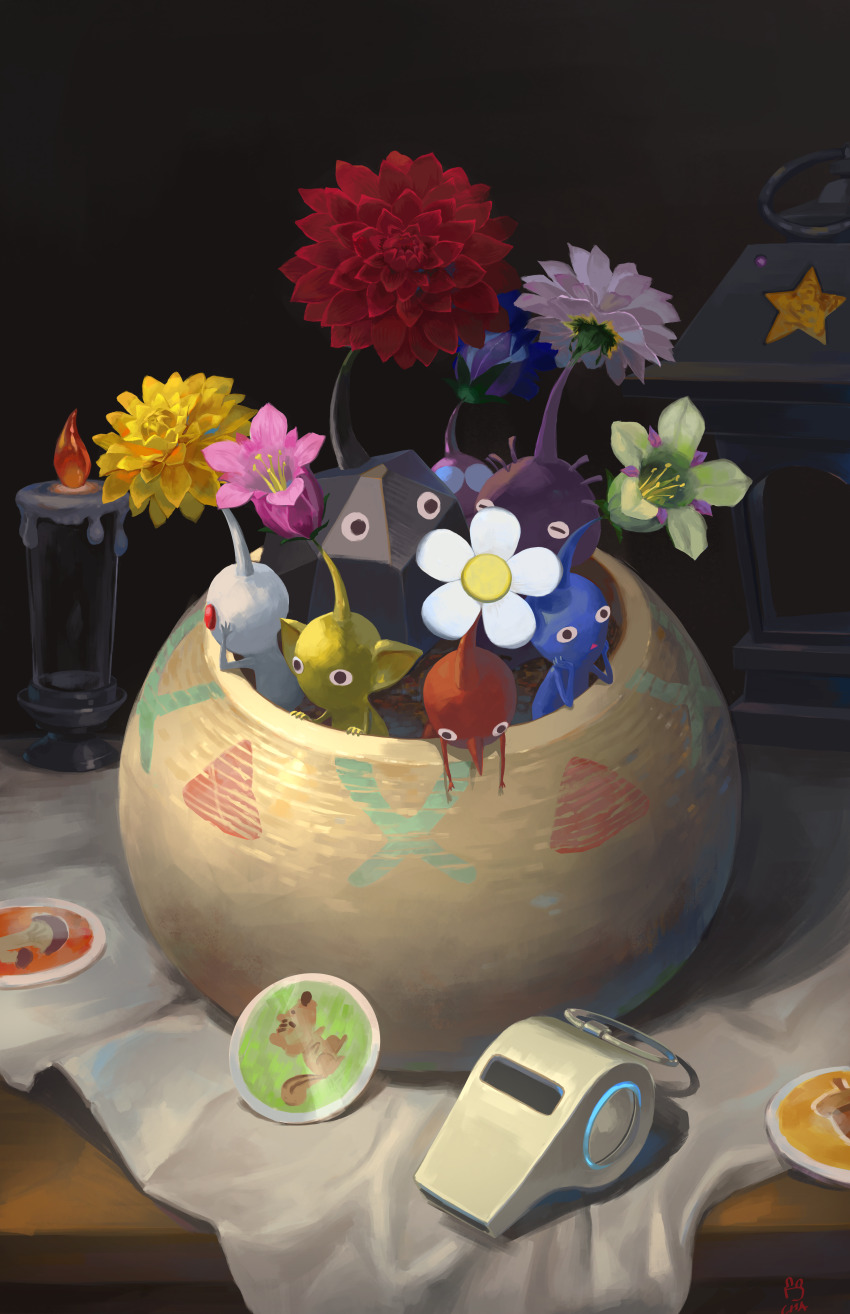 absurdres, black_eyes, black_skin, blue_eyes, blue_flower, blue_pikmin, blue_skin, candle