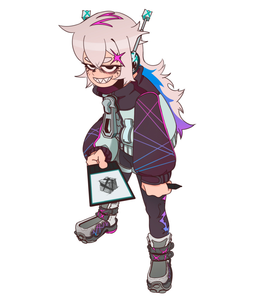 1girl, absurdres, ankle_boots, aqua_hair, asymmetrical_legwear, bags_under_eyes, black_collar, black_jacket, black_leggings, black_sleeves, boots, bug_(glitchx), card, claw_pose, collar, collared_jacket, colored_inner_hair, crossed_bangs, crotchless_shorts, double-parted_bangs, eyelashes, ggggrg00, giving, glitchx, gradient_hair, grin, hair_ornament, headphones, highres, holding, holding_card, holding_stylus, hunched_over, jacket, jitome, leggings, legs_apart, long_hair, looking_at_viewer, mark_under_both_eyes, multicolored_hair, multicolored_jacket, official_art, pink_hair, pov, print_boots, print_leggings, purple_hair, screentones, second-party_source, sharp_teeth, short_eyebrows, short_shorts, shorts, simple_background, sleeve_cuffs, smile, solo, standing, standing_on_one_leg, stylus, teeth, thick_eyebrows, transparent_background, two-tone_jacket, two-tone_sleeves, white_boots, white_jacket, white_shorts, white_sleeves, zipper, zipper_pull_tab