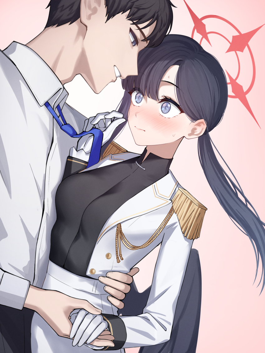 1boy, 1girl, absurdres, aoi_riko, black_wings, blue_archive, charisma_break, commentary_request