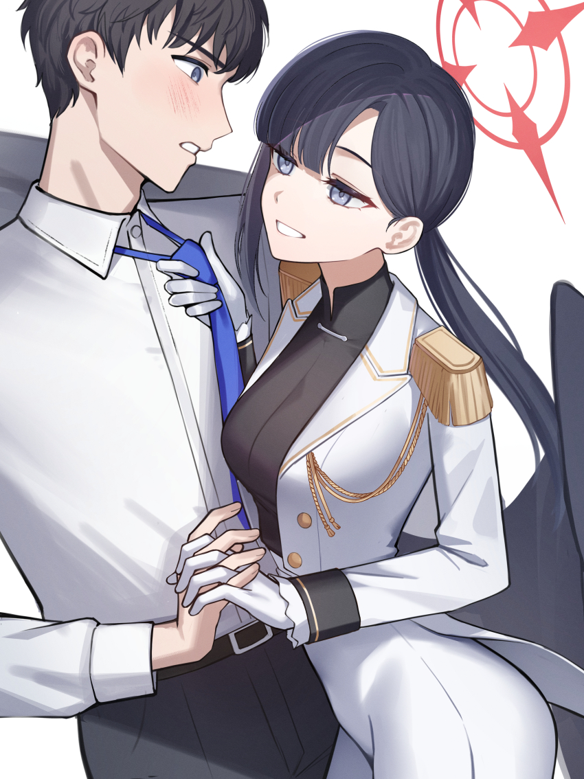 1boy, 1girl, absurdres, aoi_riko, black_wings, blue_archive, commentary_request, feathered_wings