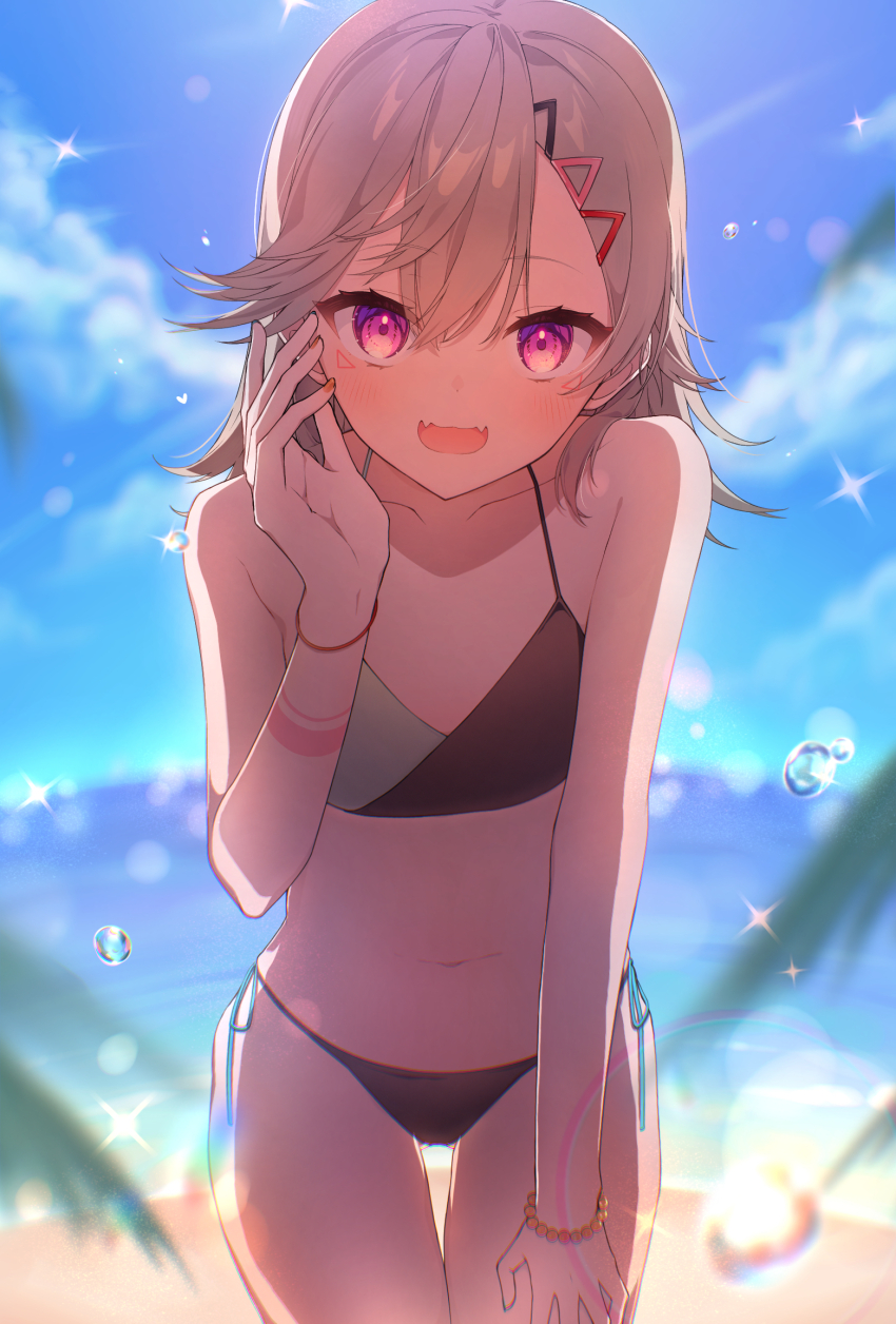 1girl, :3, :d, accessory_tan, backlighting, bare_arms, bare_shoulders, beach, bead_bracelet, beads, bikini, black_bikini, blue_sky, blurry, blurry_background, bracelet, collarbone, commentary_request, cowboy_shot, crossed_bangs, day, depth_of_field, facial_mark, fangs, fisheye, flat_chest, green_bikini, hair_between_eyes, hair_ornament, hairclip, hand_on_own_knee, hand_to_head, hand_up, highres, jewelry, komori_met, leaf, leaning_forward, lens_flare, light_blush, light_particles, looking_at_viewer, medium_hair, navel, nea_369, ocean, open_mouth, orange_nails, purple_eyes, shore, side-tie_bikini_bottom, skin_fangs, sky, smile, solo, sparkle, sports_bikini, straight-on, string_bikini, swimsuit, tan, tanline, tanlines, triangle, triangle_facial_mark, virtual_youtuber, vspo!, water_drop, whispering