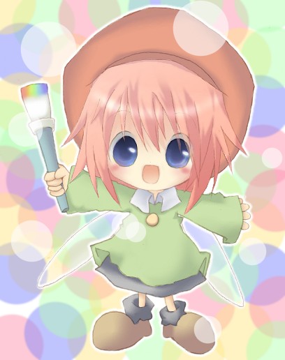 adeleine, adeleine_(cosplay), blue_eyes, blush, cosplay, fairy, kirby_(series), nintendo, paintbrush, pink_hair, ribbon, ribbon_(kirby), wings