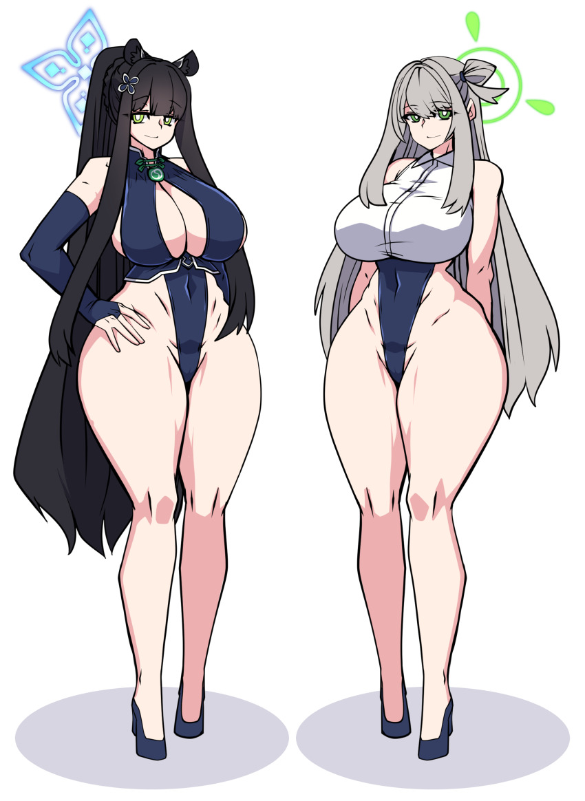 2girls, absurdres, adapted_costume, animal_ear_fluff, animal_ears, arm_at_side, arms_behind_back, bare_arms