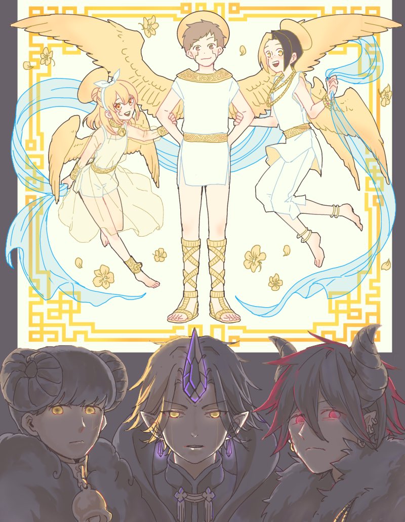 1girl, 5boys, ancient_greek_clothes, bell, black_hair, blonde_hair, brown_hair, closed_mouth