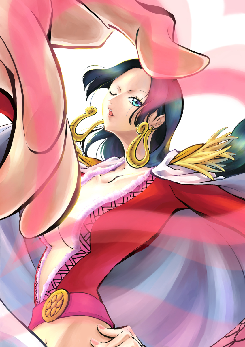 1girl, black_hair, boa_hancock, breasts, cape, cleavage, crop_top, earrings, epaulettes, eyelashes, hand_on_own_hip, heart, highres, jewelry, long_hair, looking_at_viewer, mixed-language_commentary, monkey_d._luffy, one_piece, open_mouth, pink_nails, plunging_neckline, red_shirt, shirt, sidelocks, snake_earrings, tatman, upper_body, white_background, white_cape