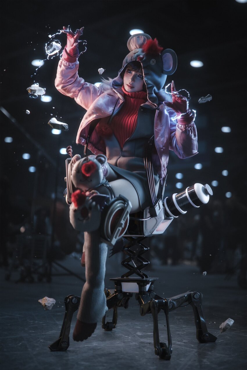 1girl, apex_legends, black_hair, blue_eyes, boots, commentary, cosplay, cosplay_photo