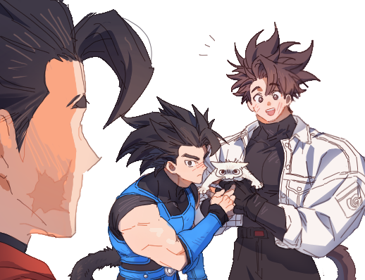 1other, 3boys, animal, armor, black_eyes, black_gloves, black_hair, black_pants