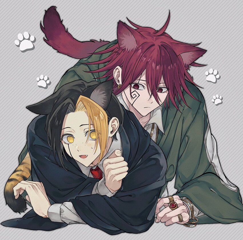 2boys, animal_ears, black_robe, blonde_hair, carpaccio_luo-yang, cat_ears, cat_tail, closed_mouth