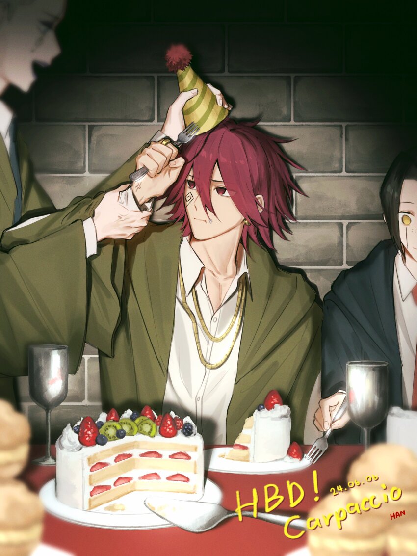 3boys, absurdres, black_hair, black_robe, blueberry, brick_wall, cake, cake_slice