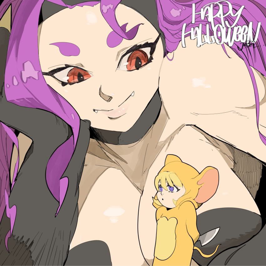 2girls, animal_costume, animal_ears, b.b._hood, bare_shoulders, blonde_hair, blue_eyes, breasts, cat_ears, cosplay, crossover, darkstalkers, fangs, felicia_(darkstalkers), highres, jerry_(tom_and_jerry), jerry_(tom_and_jerry)_(cosplay), jinbei_(jinbei0608), knife, large_breasts, mouse_costume, multiple_girls, purple_hair, size_difference, tom_and_jerry