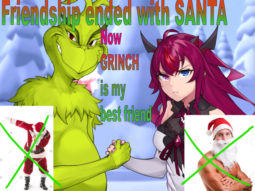 1girl, 3boys, blue_eyes, breasts, clenched_teeth, commentary, crossover, dab_(dance), dasdokter, detached_sleeves, dress, empty_eyes, english_commentary, english_text, fake_beard, fake_facial_hair, friendship_ended_with_mudasir_(meme), frown, green_fur, grin, hat, heterochromia, highres, holding_hands, hololive, hololive_english, horns, how_the_grinch_stole_christmas!, irys_(hololive), irys_(irys_1.0)_(hololive), long_hair, looking_at_viewer, meme, multicolored_hair, multiple_boys, muscular, muscular_male, photo_inset, pointy_ears, purple_hair, purple_nails, red_eyes, red_hair, santa_claus, santa_costume, santa_hat, screenshot_background, smile, stock_photo, teeth, the_grinch, upper_body, v-shaped_eyebrows, very_long_hair, virtual_youtuber, white_hair