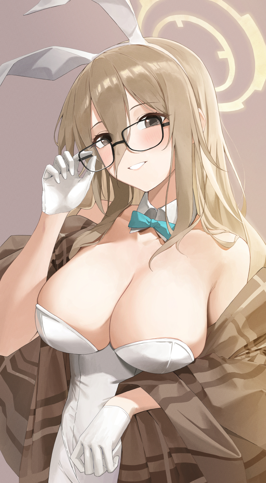 1girl, absurdres, adjusting_eyewear, akane_(blue_archive), akane_(bunny)_(blue_archive), animal_ears, black_eyes, blue_archive