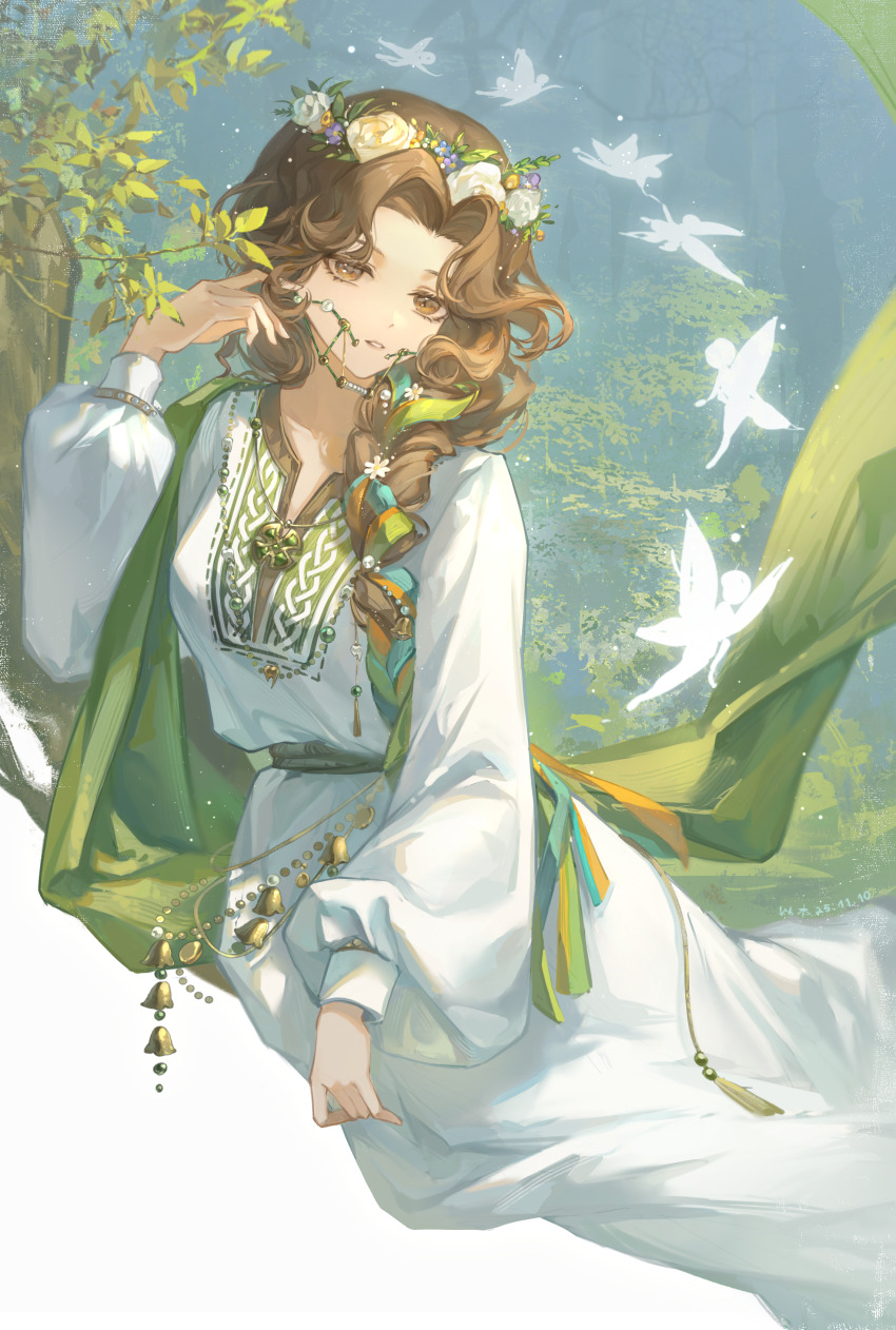 1girl, absurdres, bell, blue_background, braces, branch, brown_eyes, brown_hair