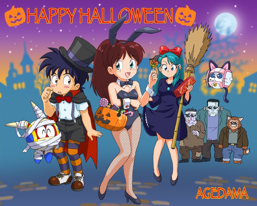 agedama_genji, animal_ears, bare_arms, bare_shoulders, blue_hair, blush, broom, brown_hair