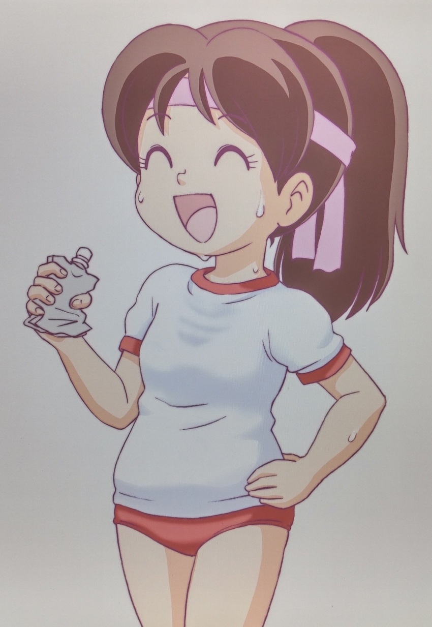 brown_hair, child, drink_carton, genji_tsuushin_agedama, gym, gym_shorts, gym_uniform, heike_ibuki