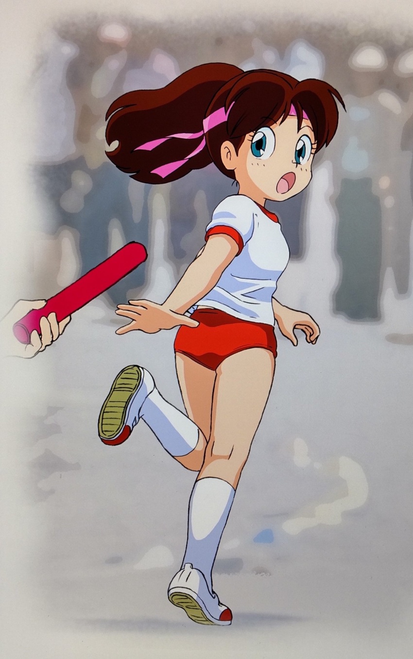 1girl, :o, ass, bare_legs, baton_pass, blue_eyes, brown_hair, buruma