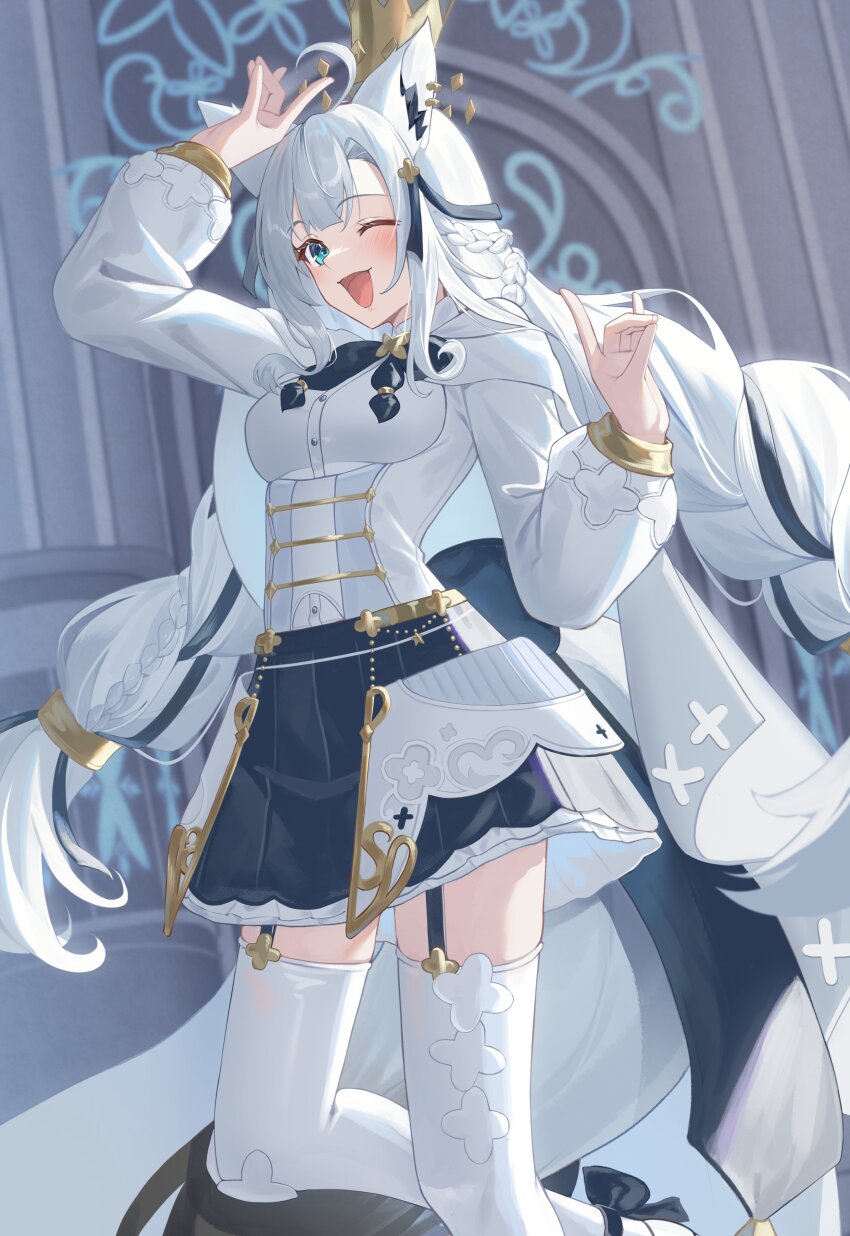 1girl, ;d, absurdres, ahoge, animal_ear_fluff, animal_ear_piercing, animal_ears, ankle_ribbon