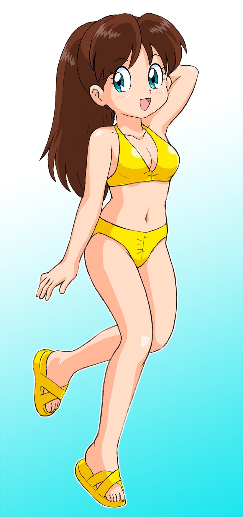 bikini, bikini_bottom, bikini_top, blue_eyes, brown_hair, child, feet, genji_tsuushin_agedama, heike_ibuki, highres, legs, loli, official_art, ponytail, sandals, smile, swimsuit, tenpuraken