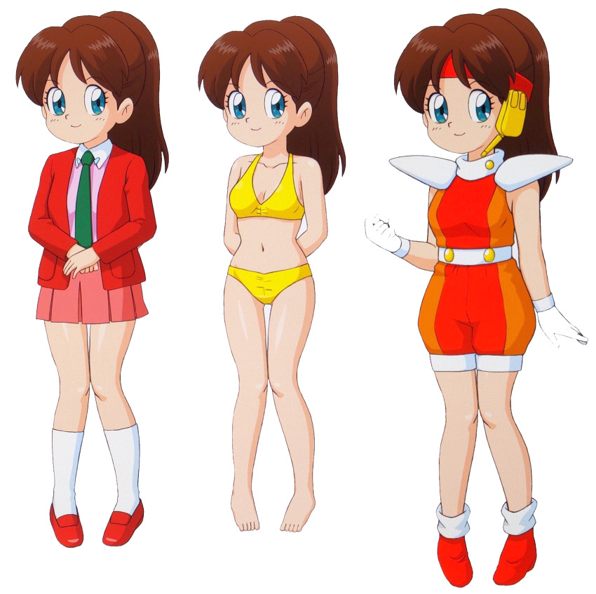 armor, armpits, barefoot, bikini, blue_eyes, brown_hair, casual, child, feet, formal_clothes, genji_tsuushin_agedama, heike_ibuki, highres, jacket, loli, necktie, official_art, ponytail, shirt, shoes, shorts, skirt, smile, socks, suit, superhero_costume, swimsuit, tenpuraken, toes