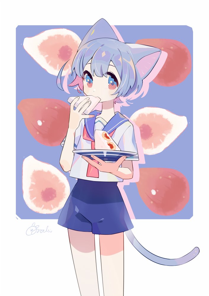 1girl, animal_ears, blue_eyes, blue_hair, cat_ears, cat_girl, cat_tail, eating