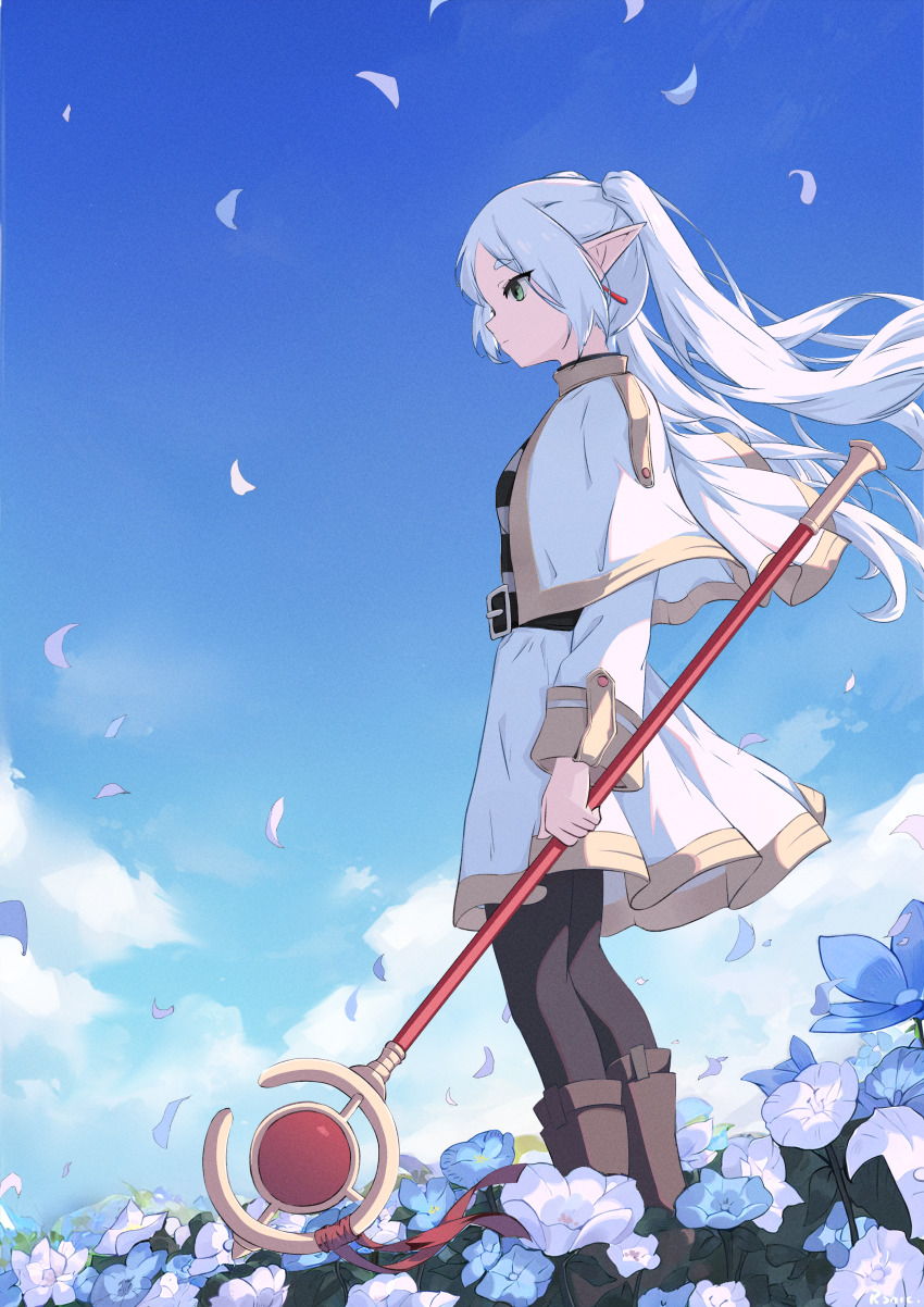 1girl, absurdres, black_leggings, blue_sky, capelet, cloud, earrings, elf