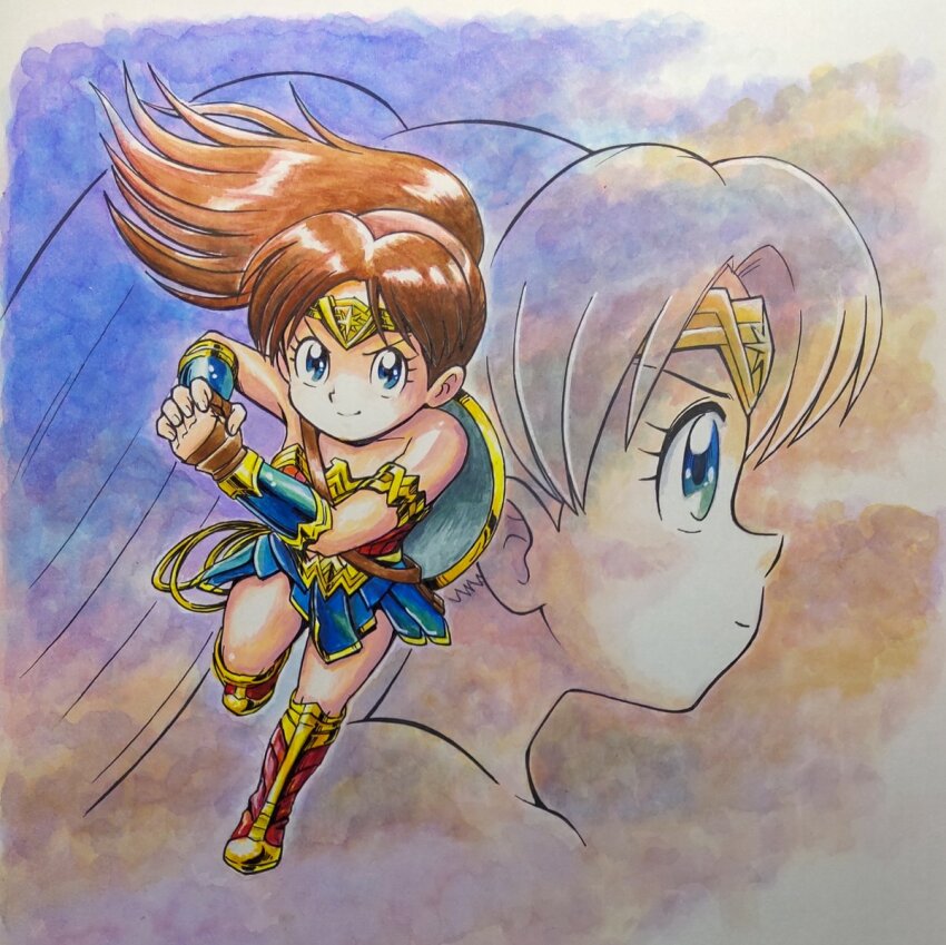 battle, blue_eyes, boots, brown_hair, child, cosplay, dc_comics, female_focus