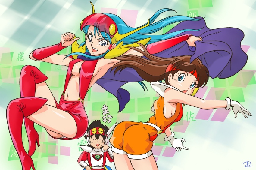 1girl, 2girls, agedama_genji, armpits, artist_request, ass, belt, blue_hair, boots, breasts, brown_hair, child, genji_tsuushin_agedama, gloves, heike_ibuki, helmet, kuki_rei, legs, loli, long_hair, multiple_girls, panties, ponytail, shorts, shota, sideboob, skirt, superhero_costume, underwear, warpro_(genji_tsuushin_agedama)