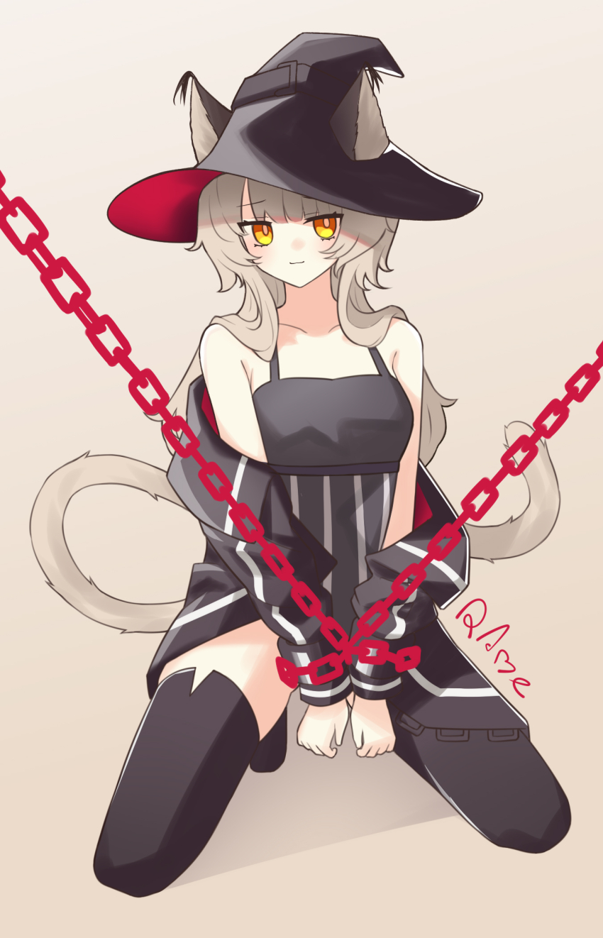 1girl, animal_ears, arknights, bare_shoulders, black_boots, black_dress, black_hat, black_jacket