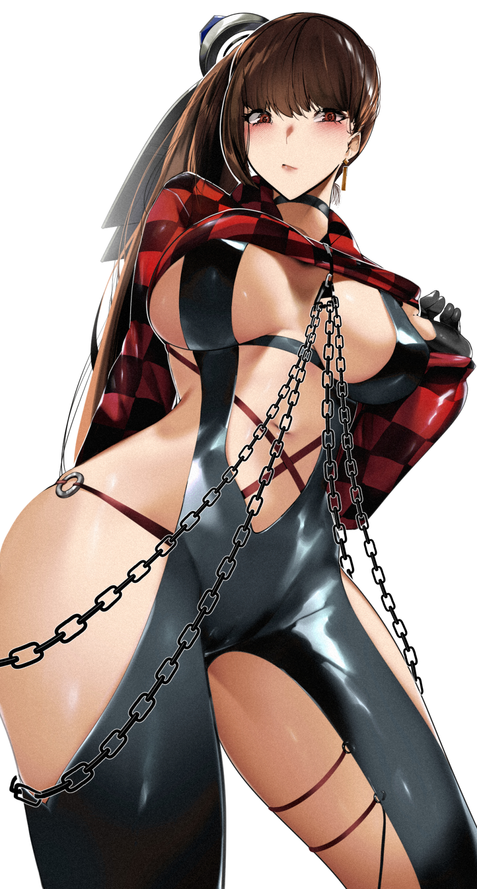 1girl, black_gloves, blunt_bangs, blush, bodysuit, breasts, brown_eyes, brown_hair