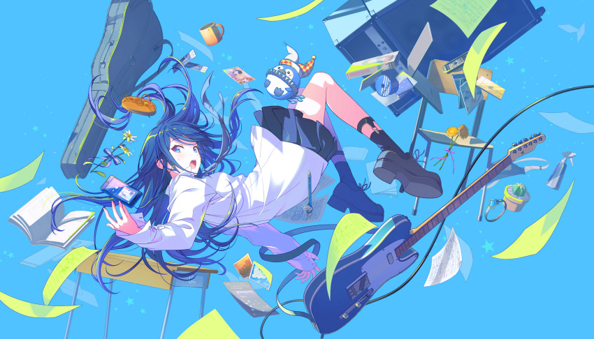 1girl, album_cover, amplifier, ankle_socks, ano_hi_mita_yozora_wa_itsuka_no_mirai_e_(project_sekai), arm_at_side, backlighting, bare_legs