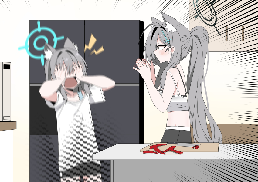 2girls, absurdres, animal_ear_fluff, animal_ears, b.t._(boob_tong), black_choker, black_halo, blue_archive