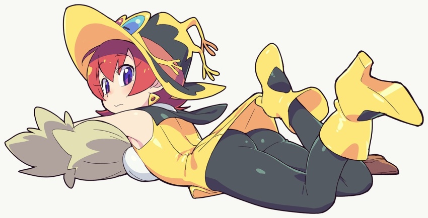 1girl, ass, black_pantyhose, boots, breasts, broom, closed_mouth, dress, earrings, feylin, flipped_hair, full_body, hat, high_heel_boots, high_heels, highres, jewelry, looking_at_viewer, om_(nk2007), pantyhose, purple_eyes, red_hair, short_hair, simple_background, solo, tanken_driland, tanken_driland:1000-nen_no_mahou, witch_hat