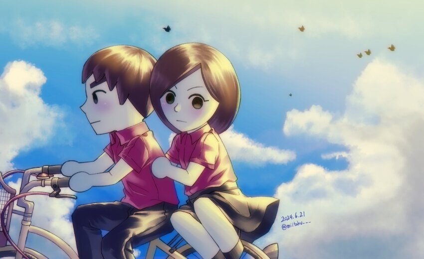 1boy, 1girl, bicycle, black_eyes, black_pants, blue_sky, blush, brown_hair