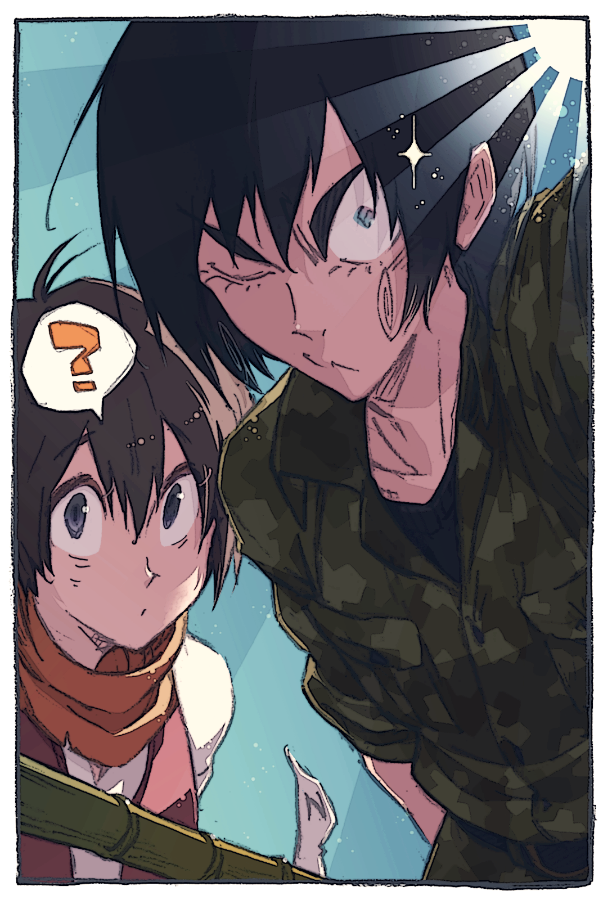 2boys, black_eyes, black_hair, blue_eyes, brown_hair, bunroku, extendx0, male_focus