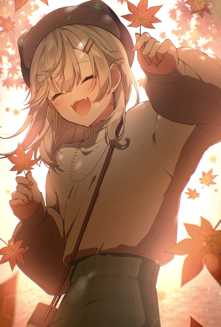 1girl, :3, :d, ^_^, animal_hat, autumn, autumn_leaves, backlighting