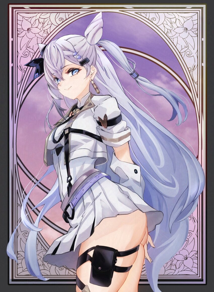 1girl, armband, ass, belt_buckle, black_armband, blue_eyes, bow, braid