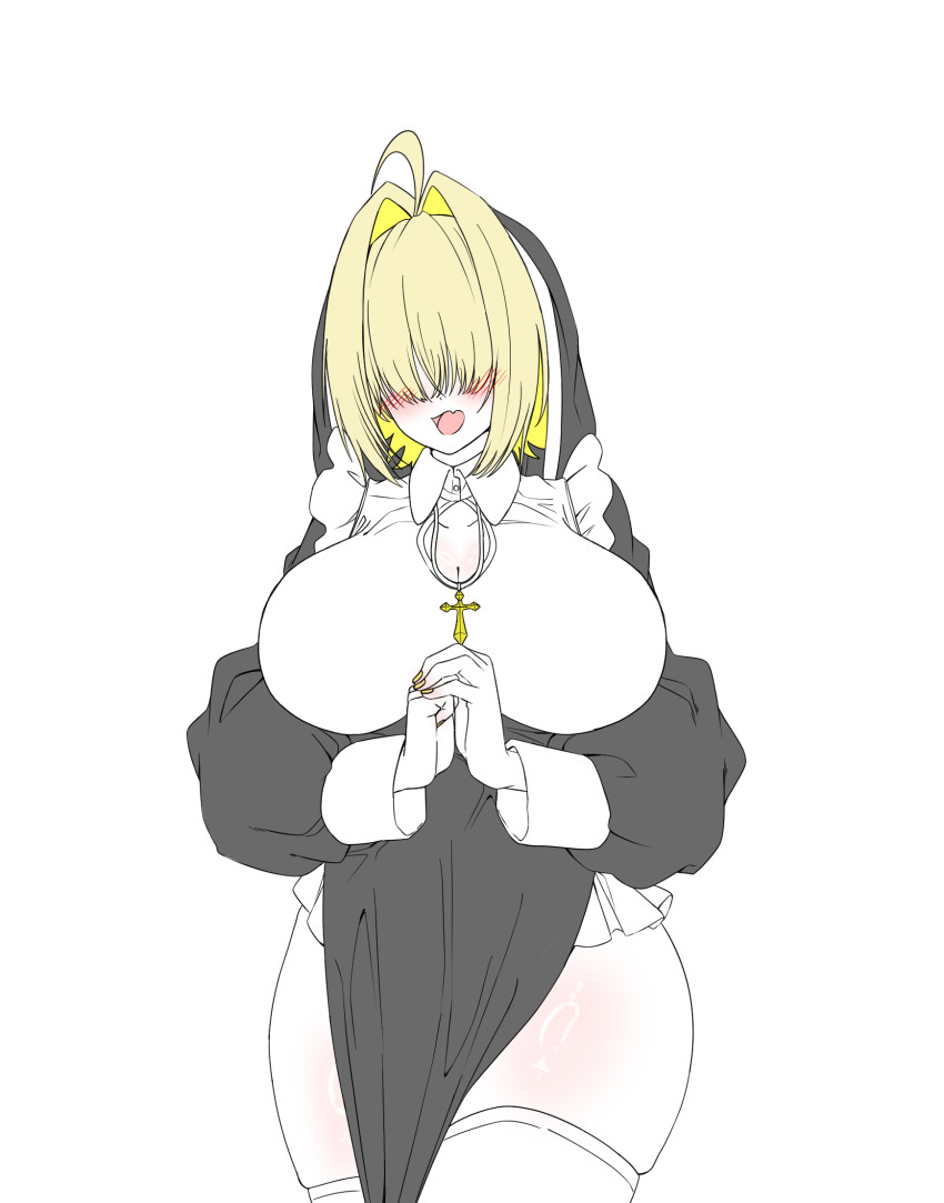 1girl, ahoge, alternate_costume, blonde_hair, blush, breasts, cleavage, collared_shirt, cross, cross_necklace, electric_shock_(nikke), elegg_(nikke), goddess_of_victory:_nikke, hair_intakes, hair_over_eyes, highres, jewelry, katakuriko626, large_breasts, long_bangs, long_sleeves, medium_hair, nail_polish, necklace, nun, open_mouth, pelvic_curtain, praying, shirt, simple_background, skindentation, smile, solo, thighhighs, thighs, white_background, white_thighhighs