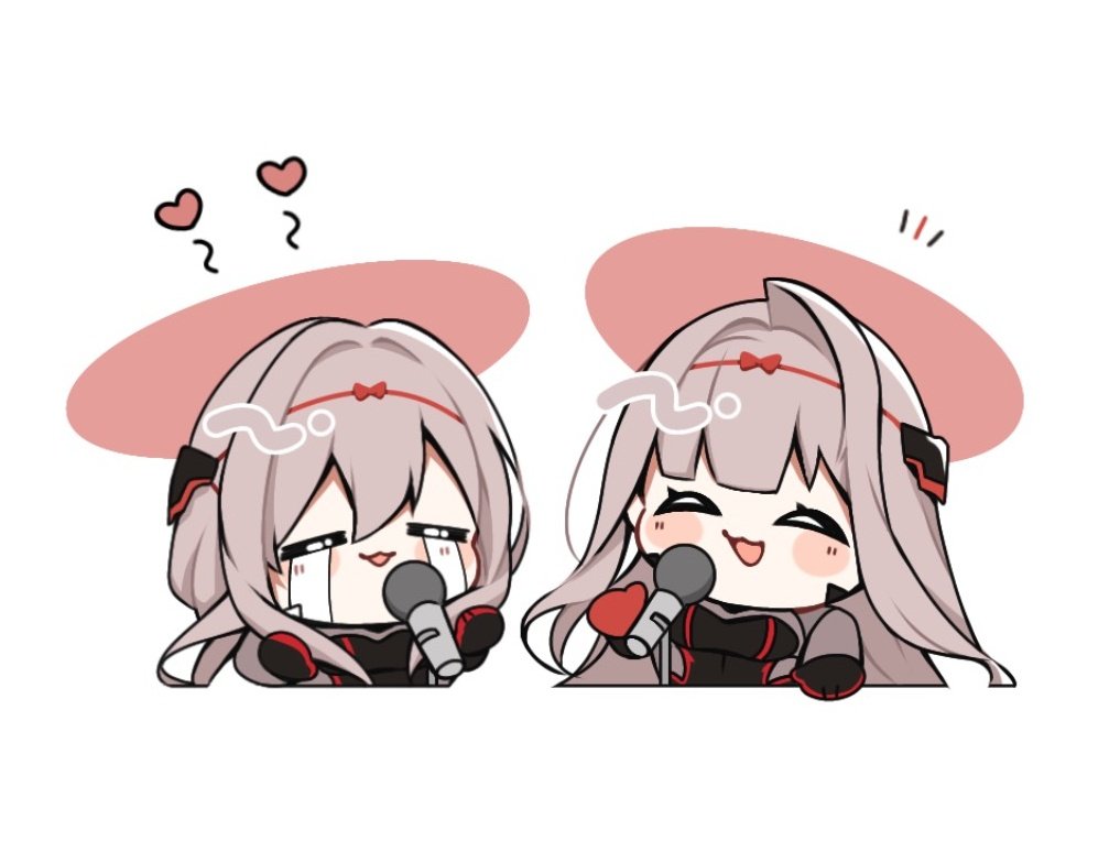 2girls, :3, arm_guards, armor, armored_bodysuit, black_bodysuit, blunt_bangs, blush, bodysuit, breasts, crying, gloves, goddess_(nikke), goddess_of_victory:_nikke, hair_intakes, hair_ornament, hat, heart, jingasa, long_hair, microphone, multiple_girls, rose_(nikke), scarlet_(black_shadow)_(nikke), scarlet_(nikke), siblings, sisters, smile, spoken_heart, streaming_tears, tears, toudou_rapid_310