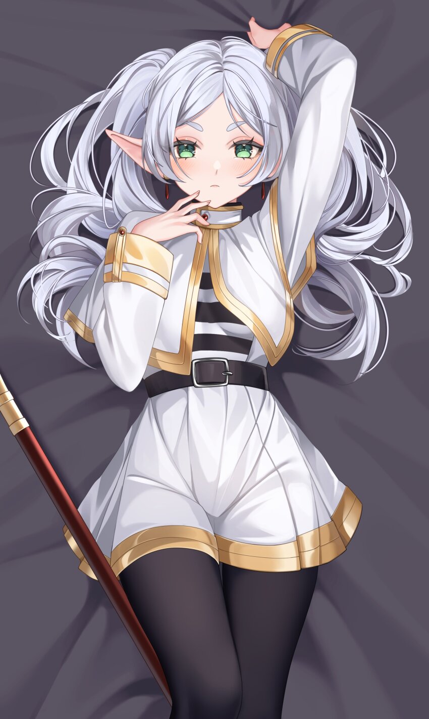 1girl, absurdres, bed_sheet, belt, black_belt, black_pantyhose, black_shirt, breasts