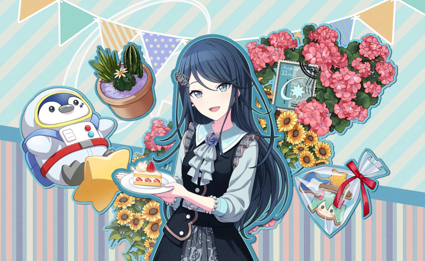 1girl, :>, aqua_belt, aqua_hair, aqua_outline, asymmetrical_clothes, asymmetrical_dress, bag