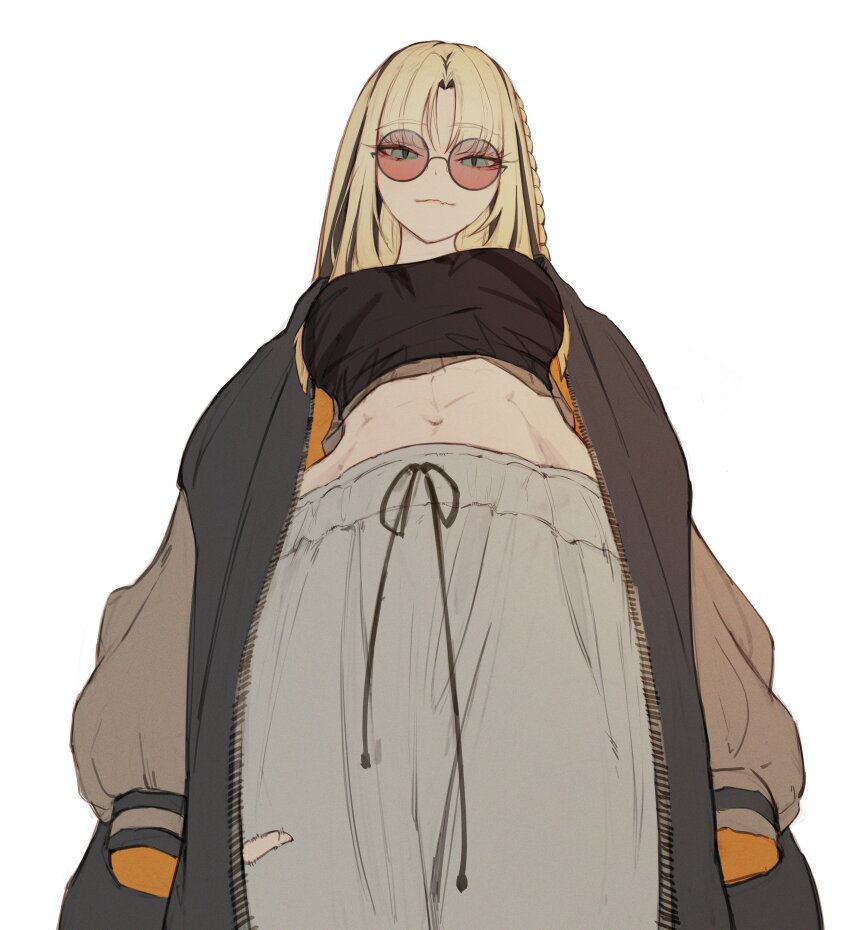 1girl, abs, absurdres, black_hair, black_jacket, black_shirt, blonde_hair, braid, breasts, crop_top, drawstring, edwin62293123, fang, from_below, green_eyes, grey_sleeves, highres, hololive, hololive_dev_is, jacket, jewelry, koganei_niko, large_breasts, letterman_jacket, long_hair, long_sleeves, looking_at_viewer, looking_down, multicolored_hair, navel, open_clothes, open_jacket, pants, parted_bangs, round_eyewear, shirt, side_braid, simple_background, skin_fang, sleeves_past_fingers, sleeves_past_wrists, smile, smug, solo, stomach, streaked_hair, sunglasses, tinted_eyewear, torn_clothes, torn_pants, two-tone_hair, virtual_youtuber, white_background, zipper