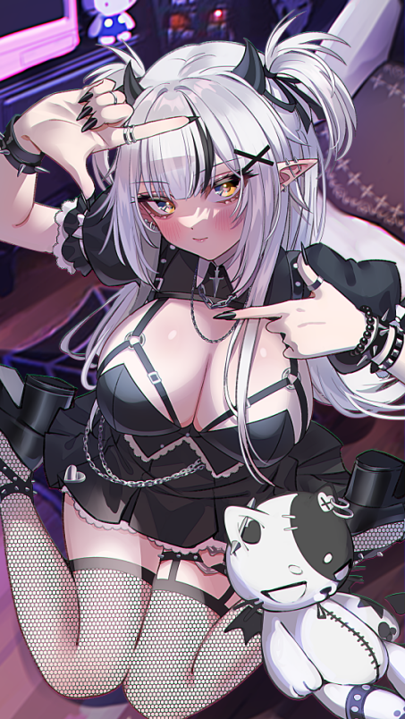 1girl, bead_bracelet, beads, black_dress, black_footwear, black_hair, black_horns, black_nails