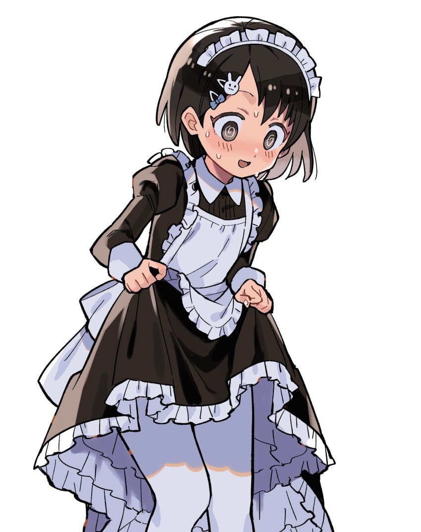 1girl, @_@, ai_nige, alternate_costume, apron, black_dress, black_hair, blush
