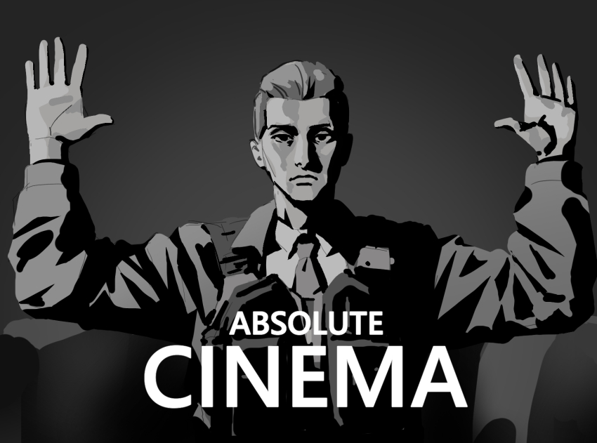 1boy, absolute_cinema_(meme), arms_up, black_eyes, bulletproof_vest, closed_mouth, collared_shirt, commentary, couch, english_commentary, expressionless, goddess_of_victory:_nikke, gradient_background, greyscale, highres, long_sleeves, looking_at_viewer, male_focus, meme, military_uniform, monochrome, necktie, nose, on_couch, oswald_(nikke), radial_gradient_background, shirt, sitting, solo, upper_body, wge